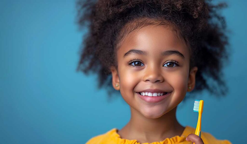 Child practicing slow breathing beside a parent in a bright dental exam room.
